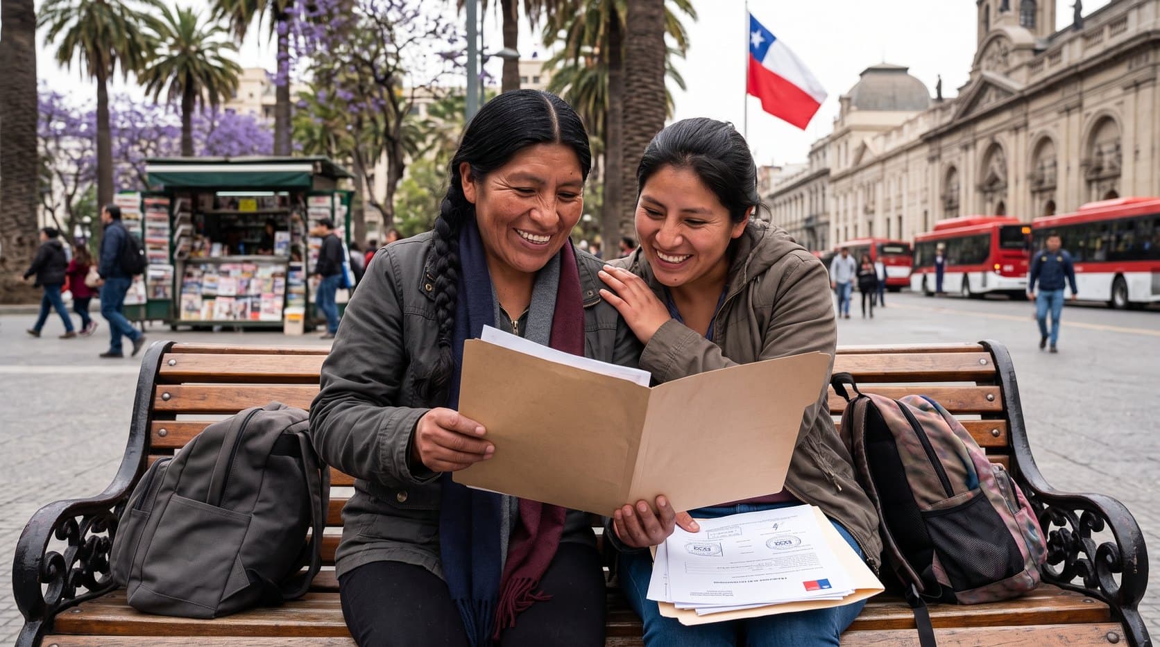 Dos mujeres sonriendo mientras revisan documentos sentadas en una banca de una plaza de Santiago