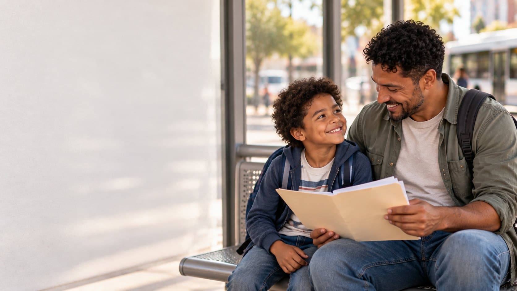 Padre e hijo sonriendo mientras revisan juntos una carpeta de documentos en un paradero